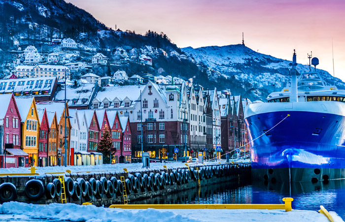 Bergen port in sunset