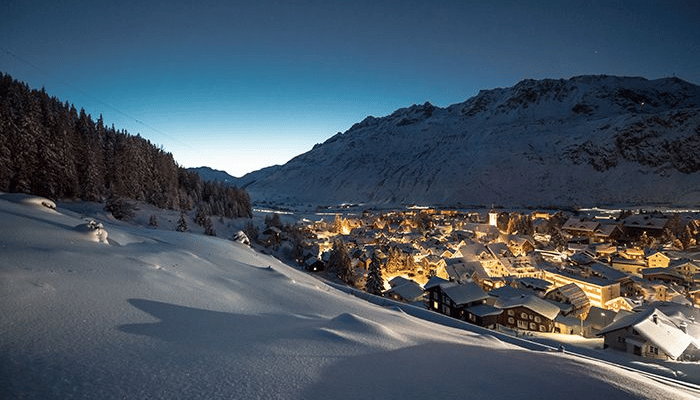 Andermatt ski resort in Switzerland at night