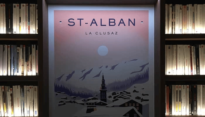 The library of St Alban Hotel and Spa in the ski resort of La Clusaz