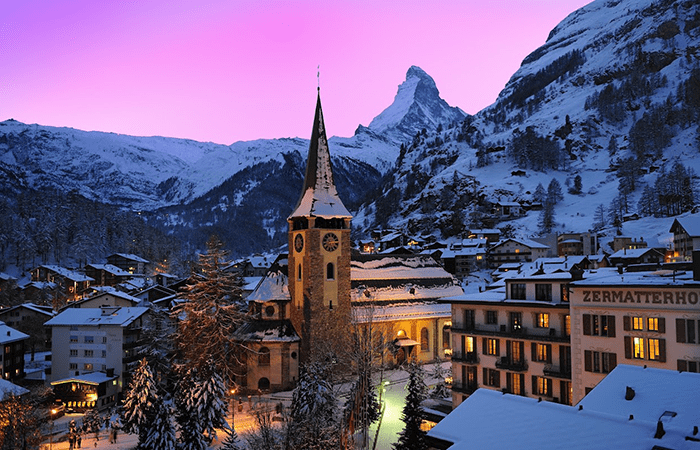 Nearby ski resort Zermatt village beneath the Matterhorn